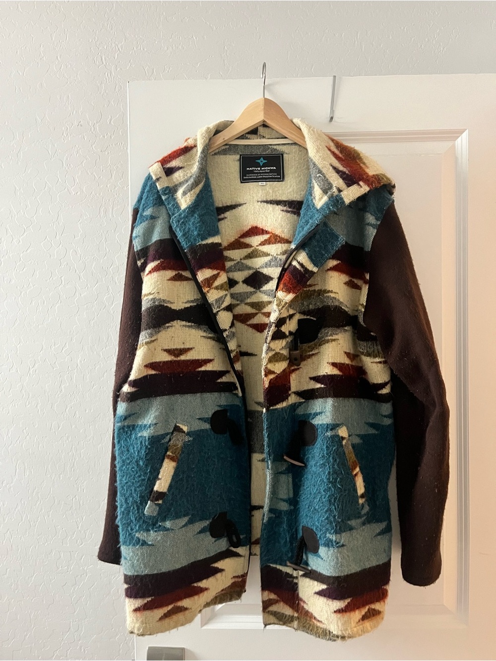 Native Kichwa made Teal & Cream Patterned Hooded Sweater Coat (see disclaimer)